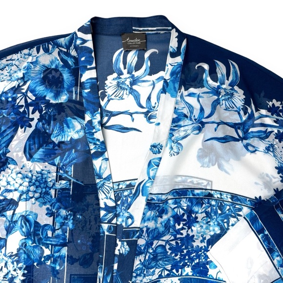 Chicos Travelers L/XL Blue Patchwork Fringe Duster Open Kimono Swim Cover Floral - Picture 3 of 11